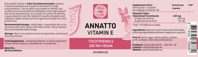 KALA HEALTH Annatto Tocotrienols Vegan Vitamin E Supplements, Tocopherol Free, Eannatto Capsules Without PAH's and contaminants - Improved from Deltagold - 200mg - Non-GMO &amp; Antioxidant (30)