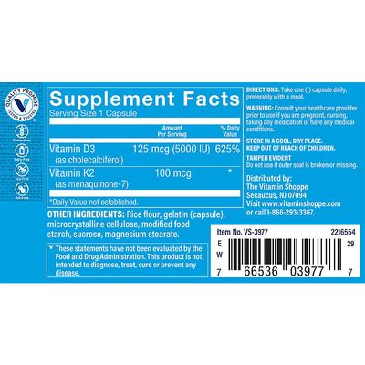 Vitamin D3 &amp; K2 - Immune Support &amp; Bone Health - 5,000 IU (60 Capsules)