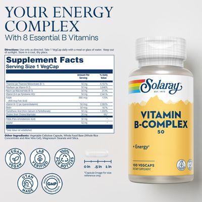 SOLARAY Vitamin B Complex 50 mg - Cellular Energy Vitamins - Metabolism and Nerve Health Support with Vitamin B12, Vitamin B1, B6, Niacin, Folic Acid, Biotin and Other B Vitamins - Vegan, 100 VegCaps