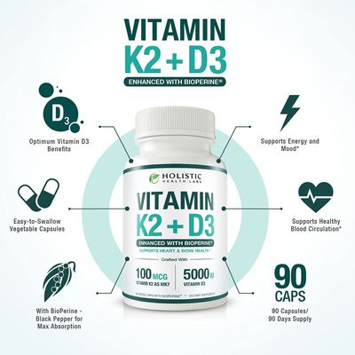 Max Absorption Vitamin K2 + D3 (5000IU) 90 Veggie Capsules from MK-7 (Menaquinone-7) and Cholecalciferol (with BioPerine) 3-Months Supply - D3 with K2 for Healthy Heart and Strong Bones | Non-GMO