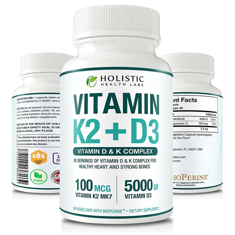 Max Absorption Vitamin K2 + D3 (5000IU) 90 Veggie Capsules from MK-7 (Menaquinone-7) and Cholecalciferol (with BioPerine) 3-Months Supply - D3 with K2 for Healthy Heart and Strong Bones | Non-GMO