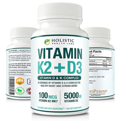 Max Absorption Vitamin K2 + D3 (5000IU) 90 Veggie Capsules from MK-7 (Menaquinone-7) and Cholecalciferol (with BioPerine) 3-Months Supply - D3 with K2 for Healthy Heart and Strong Bones | Non-GMO