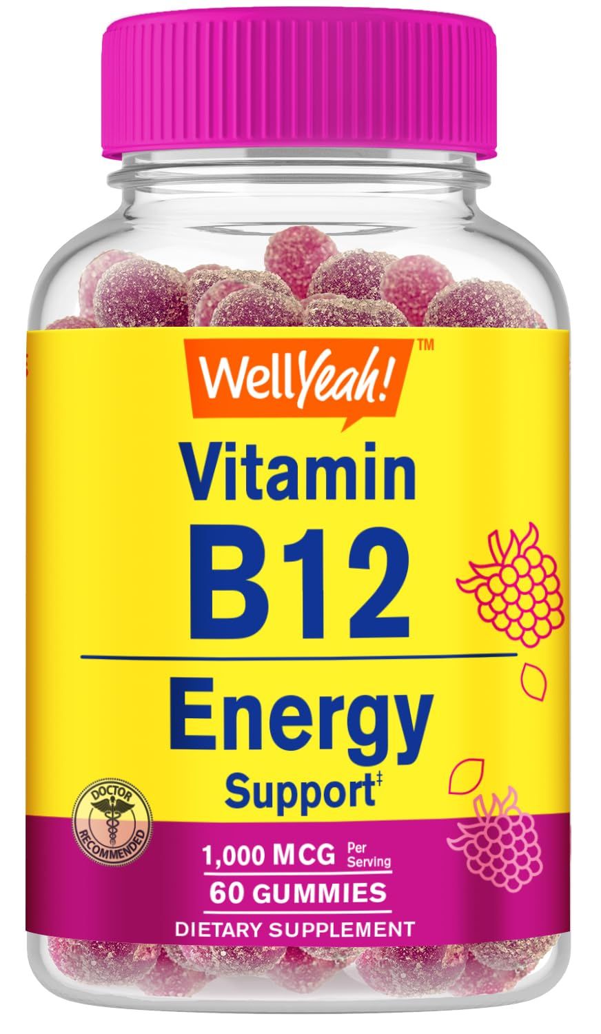 WellYeah Vitamin B12 1000mcg Gummies - for Energy, Mood, Metabolism and Immune System Support - Vegan Friendly and Gluten-Free, GMO Free and Doctor Recommended - 60 Gummies