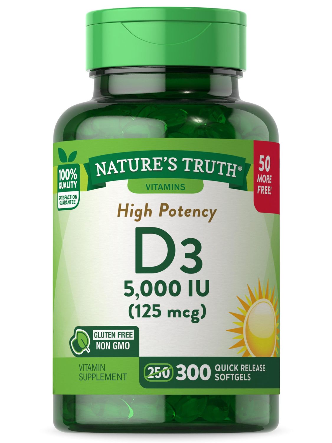 Nature&#39;s Truth Vitamin D3 5000 IU (125 mcg) | 300 Softgels | High Potency Vitamin D | Non-GMO and Gluten Free Supplement