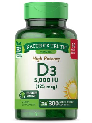 Nature&#39;s Truth Vitamin D3 5000 IU (125 mcg) | 300 Softgels | High Potency Vitamin D | Non-GMO and Gluten Free Supplement