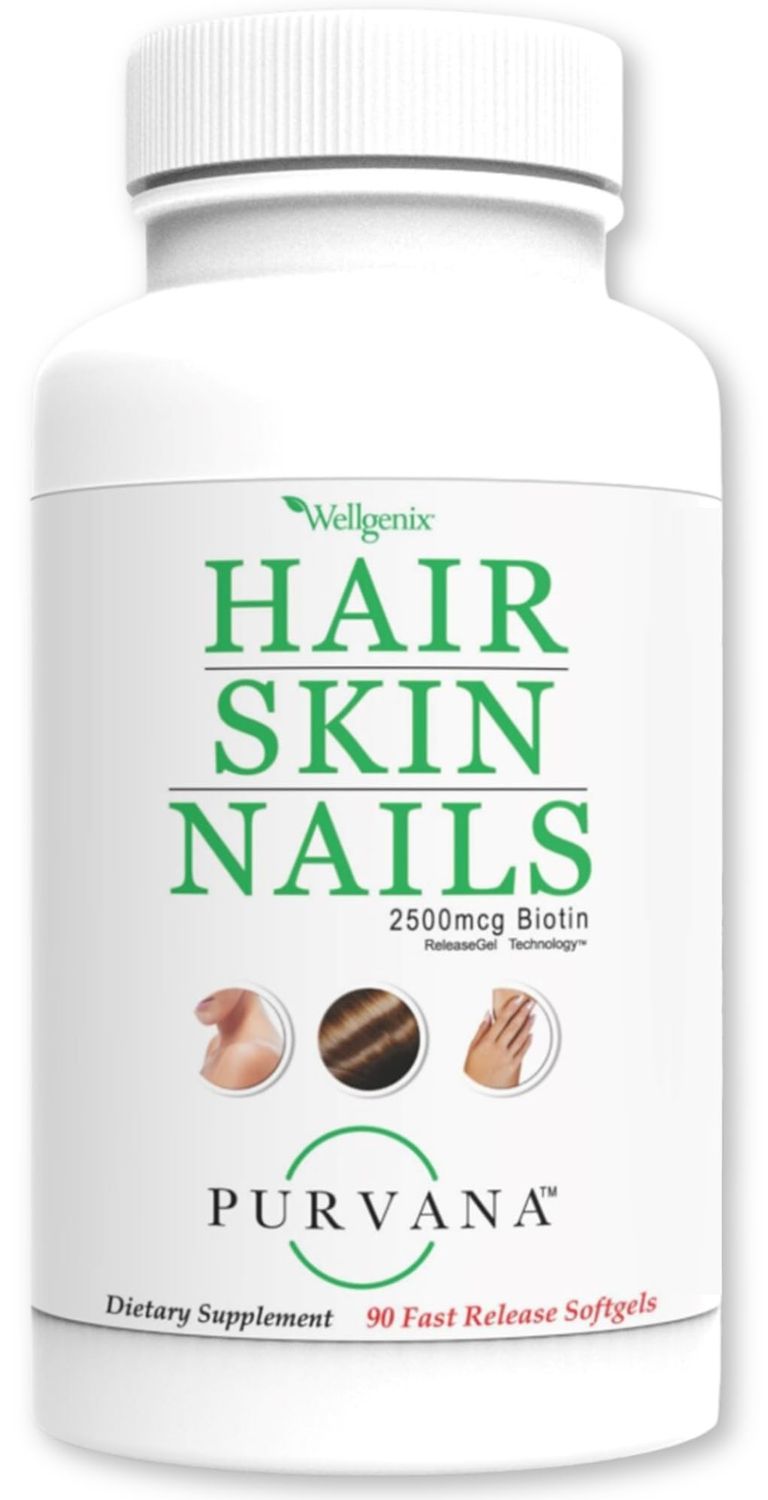 Wellgenix Purvana Hair, Skin, and Nails - One a Day Softgel - 2500mcg Biotin, DMAE, MSM, Horsetail, Grape Seed Extract - Anti Aging, PCOS &amp; Postpartum Hair Growth, Strong Nails (90 Count)