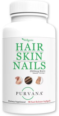 Wellgenix Purvana Hair, Skin, and Nails - One a Day Softgel - 2500mcg Biotin, DMAE, MSM, Horsetail, Grape Seed Extract - Anti Aging, PCOS &amp; Postpartum Hair Growth, Strong Nails (90 Count)