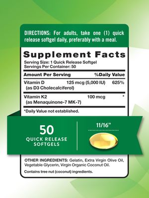 Nature's Truth Vitamin K2 MK7 Complex | 100 mcg | 50 Softgels | with Vitamin D3 | Non-GMO &amp; Gluten Free Supplement