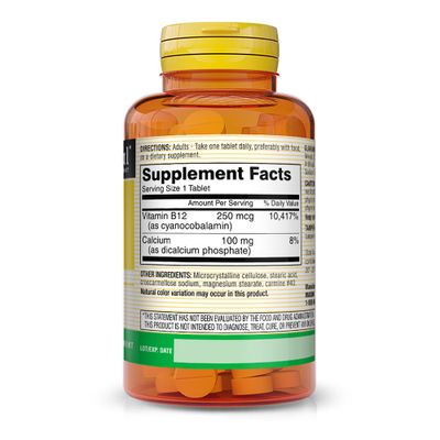 MASON NATURAL Vitamin B12 250 mcg with Calcium - Healthy Conversion of Food into Energy, Supports Nerve Function and Health, 100 Tablets