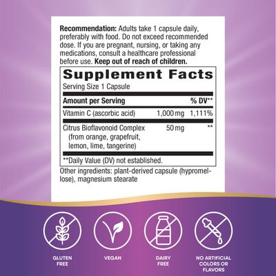 Natures Way Vitamin C with Bioflavonoids - Extra Strength - 1 g Vitamin C as Ascorbic Acid - Citrus Bioflavonoids - For Immune Support* - Gluten Free & Dairy Free - 100 Capsules