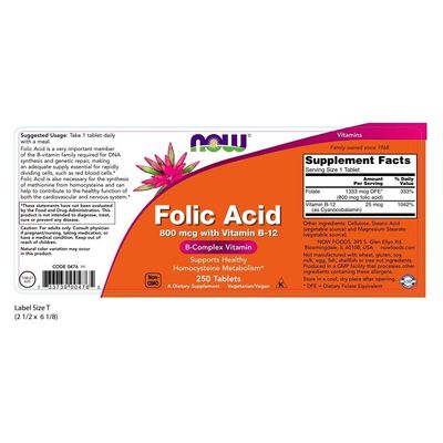 NOW Foods Folic Acid 800 mcg Tabs (Pack of 2)