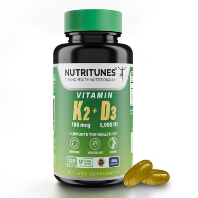 Nutritunes Vitamin K2 + D3 - Supports Heart, Bone &amp; Immune Health - 100 mcg K2 (MK-7) &amp; 5000 IU D3 - Non-GMO, Free from Gluten, Soy, &amp; Lactose - 120 Softgels, 4-Month Supply