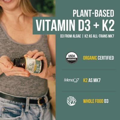 Organic Plant D3 + K2 | 5000 iu D3 + 120 mcg K2 as All-Trans MK7 from MenaQ7 - 100% Whole Food, Raw &amp; Vegan | Enhanced Digestion with Prebiotic &amp; Superfood Complex - D3 from Organic Algae (60 Count)