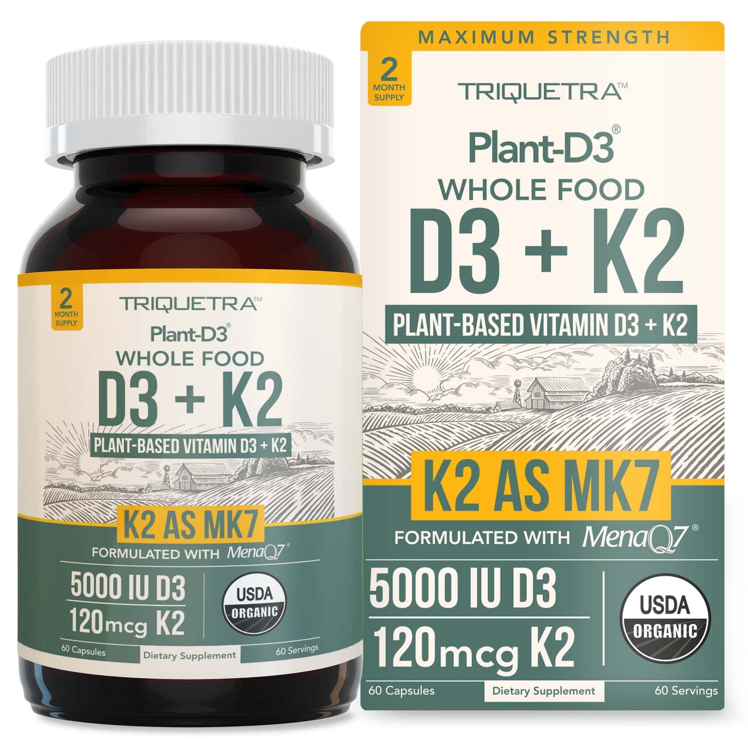 Organic Plant D3 + K2 | 5000 iu D3 + 120 mcg K2 as All-Trans MK7 from MenaQ7 - 100% Whole Food, Raw &amp; Vegan | Enhanced Digestion with Prebiotic &amp; Superfood Complex - D3 from Organic Algae (60 Count)