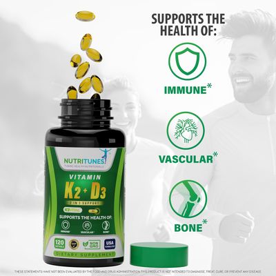 Nutritunes Vitamin K2 + D3 - Supports Heart, Bone &amp; Immune Health - 100 mcg K2 (MK-7) &amp; 5000 IU D3 - Non-GMO, Free from Gluten, Soy, &amp; Lactose - 120 Softgels, 4-Month Supply