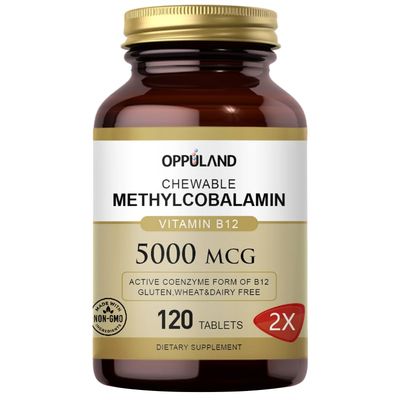 oppuland Vitamin B12 (Methylcobalamin) 5000 mcg, Folic Acid (Vitamin B9 Folate) Improve The Symptoms of Cirrhosis and Liver Steatosis 120 Tablets (Orange Flavor)