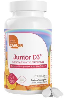 Zahler Junior D3 Vitamins 1000 IU - Chewable Vitamin D3 for Kids - Vitamin D for Kids to Support Bone, Teeth &amp; Immune Health - Kosher Kids Vitamin D3 Orange Flavor - D3 Vitamins for Kids 250 Count.