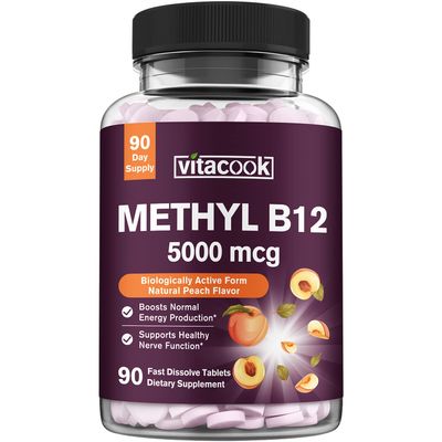 Vitamin B12, Sublingual Methylcobalamin 5000mcg for Energy Production, Energy, Nerve &amp; Cell Support, Natural Peach Flavor, Vegan, Zero Sugar, 90 Fast Dissolve Tablets