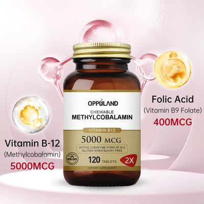 oppuland Vitamin B12 (Methylcobalamin) 5000 mcg, Folic Acid (Vitamin B9 Folate) Improve The Symptoms of Cirrhosis and Liver Steatosis 120 Tablets (Orange Flavor)