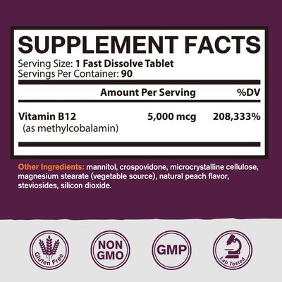 Vitamin B12, Sublingual Methylcobalamin 5000mcg for Energy Production, Energy, Nerve &amp; Cell Support, Natural Peach Flavor, Vegan, Zero Sugar, 90 Fast Dissolve Tablets