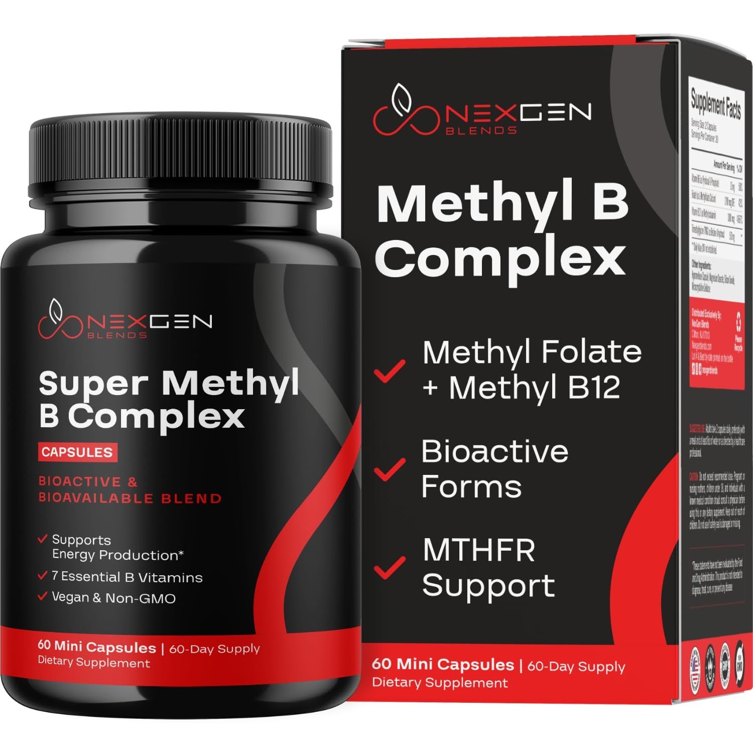 Methylated B Complex Vitamin Supplement - Bioactive Methyl B Complex with 5-MTHF Methyl Folate &amp; B12 Methylcobalamin for Brain Heart Energy &amp; Homocysteine Support - Super Vitamin B Complex - 60 Caps