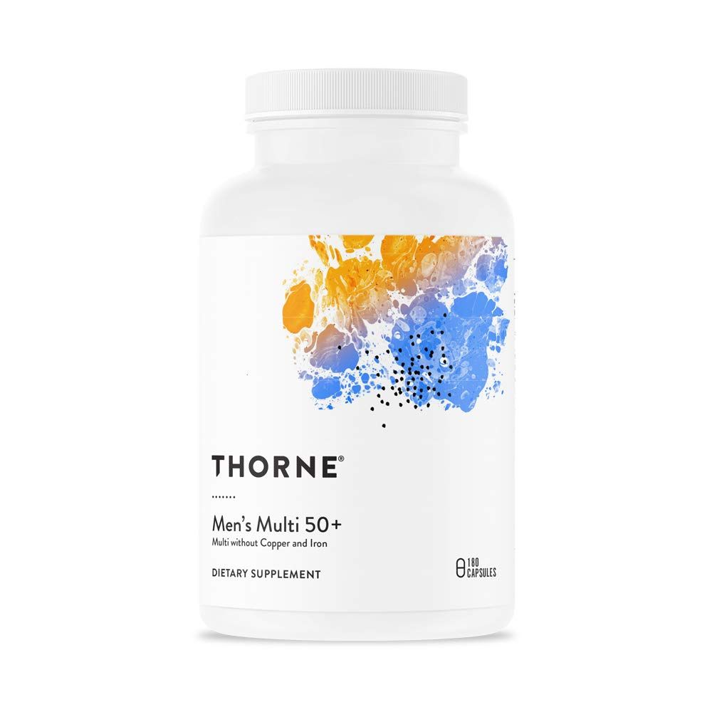 THORNE Men&#39;s Multi 50+ - Daily Multivitamin and Nutrients for Men Without Iron and Copper to Support Healthy, Active Lifestyle - Gluten-Free, Soy-Free - 180 Capsules - 30 Servings