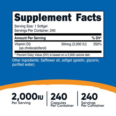 Nutricost Vitamin D3 2000 iu Softgels, 240 Softgels - Non-GMO &amp; Gluten Free