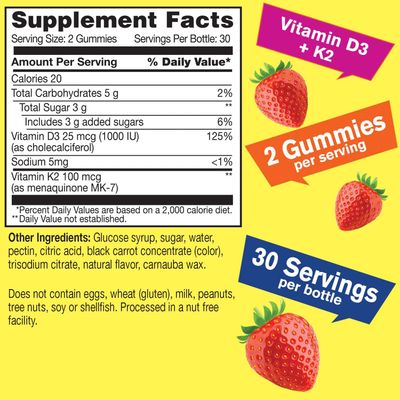 WellYeah Vitamin D3 + K2 Gummies - Vitamin D3 1000 IU, K2 100 MCG - Bone and Muscle Health Support, Natural Flavors, GMO Free, Gluten Free, Vegan - K2 D3 Vitamin Supplement- 60 Gummies