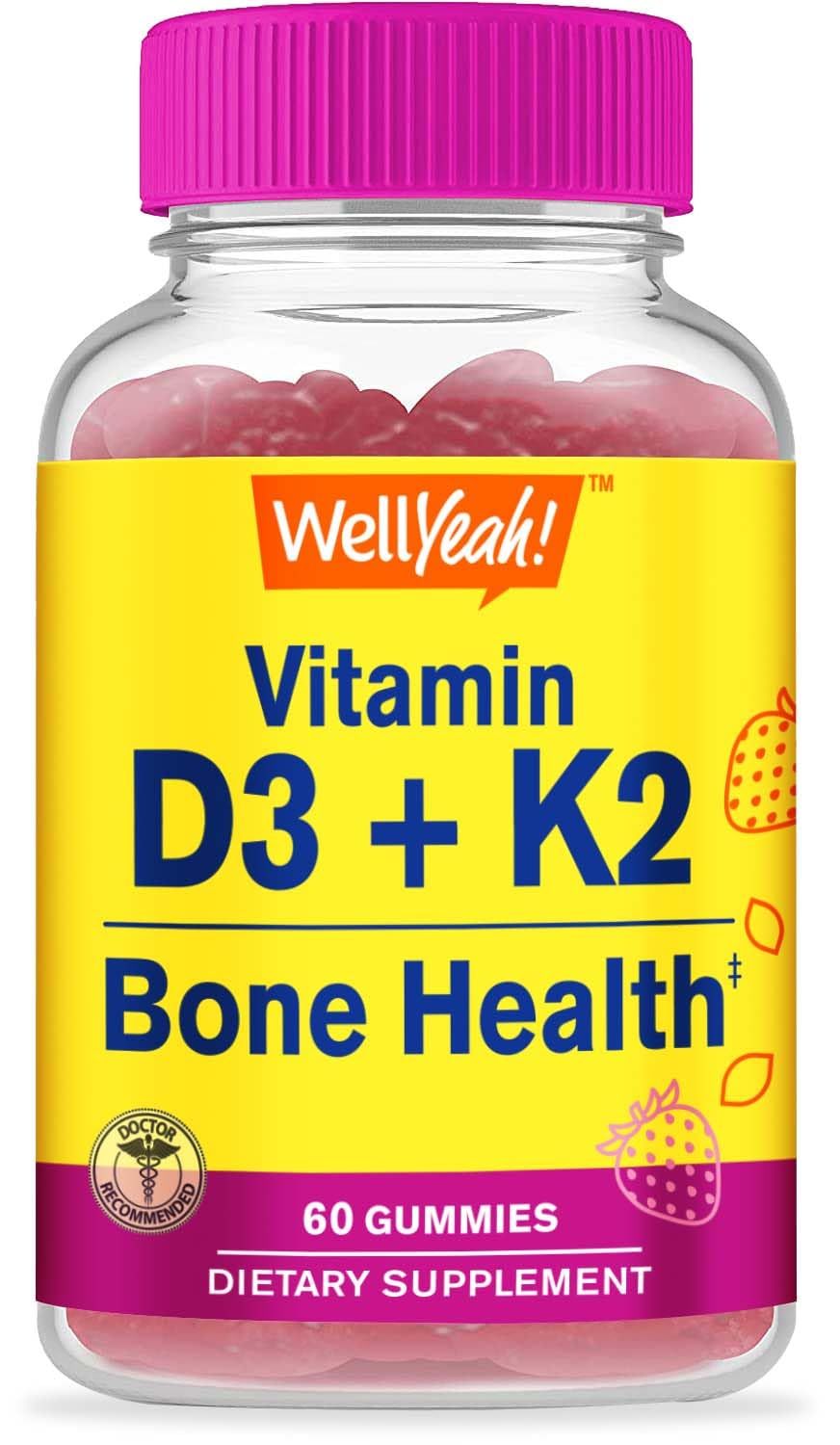 WellYeah Vitamin D3 + K2 Gummies - Vitamin D3 1000 IU, K2 100 MCG - Bone and Muscle Health Support, Natural Flavors, GMO Free, Gluten Free, Vegan - K2 D3 Vitamin Supplement- 60 Gummies