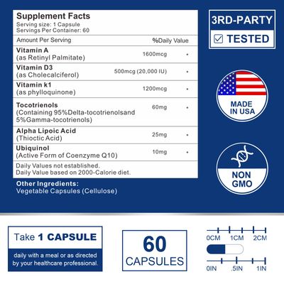 VITACRLLYNMN ADK Vitamin Supplement 20000 IU - High Potency Vitamins A, D3 and K1 for Heart, Bone Health and Immune Support Vitamin ADK 60 Capsules