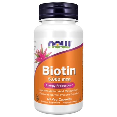 NOW Foods Supplements, Biotin 5,000 mcg, Amino Acid Metabolism*, Energy Production*, 60 Veg Capsules
