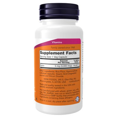 NOW Foods Supplements, Biotin 5,000 mcg, Amino Acid Metabolism*, Energy Production*, 60 Veg Capsules