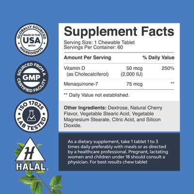 Vitamin D3 with K2 MK7 Supplement - Vitamin D3 2000 IU Tablets and Vitamin K2 for Immune Support Bone Health Heart Health Joint Support Bone Strength and Mood Boost - VIT D3 K2 Immune System Support