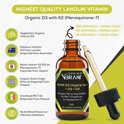LOOKINGVIBRANT Vitamin D3 + K2 (MK-7) Liquid Drops with MCT Oil &amp; Olive Oil - Vegetarian, Non-GMO, Soy-Free, Gluten-Free, Alcohol-Free, 1 Bottle, 2 Fl Oz (60 ml) - 180 Servings (2500 IU per Serving)