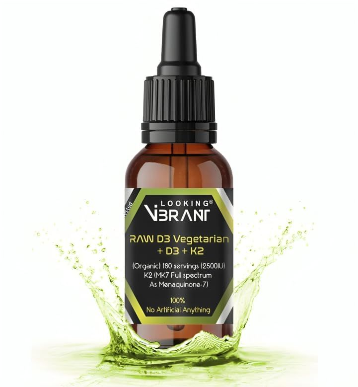 LOOKINGVIBRANT Vitamin D3 + K2 (MK-7) Liquid Drops with MCT Oil &amp; Olive Oil - Vegetarian, Non-GMO, Soy-Free, Gluten-Free, Alcohol-Free, 1 Bottle, 2 Fl Oz (60 ml) - 180 Servings (2500 IU per Serving)