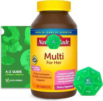 Women&#39;s Multivitamin Tablets, 300 Count for Daily Nutritional Support with Better Ligth&amp;Spring Guide + Weekly Pill Organizer (3 Items)