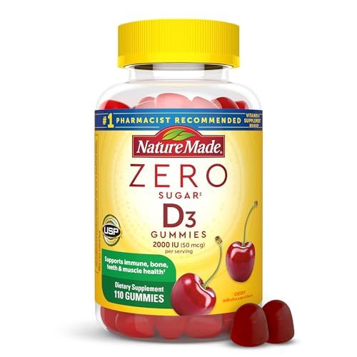 Nature Made Zero Sugar Vitamin D3 Gummies 2000 IU (50 mcg) per Serving, Immune, Bone, Teeth &amp; Muscle Support Supplement, Aspartame Free, 110 Sugar Free Vitamin D Gummies, 55 Day Supply