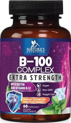 Vitamin B Complex Capsules with Vitamins B1 B2 B3 B6 B12 B100 C Biotin Folate &amp; Folic Acid - Supplement for Energy, Brain, &amp; Immune Support - Super B Vitamin Complex for Women &amp; Men - 60 Vegan Pills