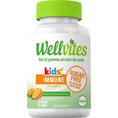 Wellvites Sugar Free Kids Immune Daily Gummy Vitamins - Vegan, Non-GMO - Vitamin C Gummies for Kids Immune Support - No Artificial Sweeteners, Gluten Free, Gelatin Free - 60 Count (30 Day Supply)