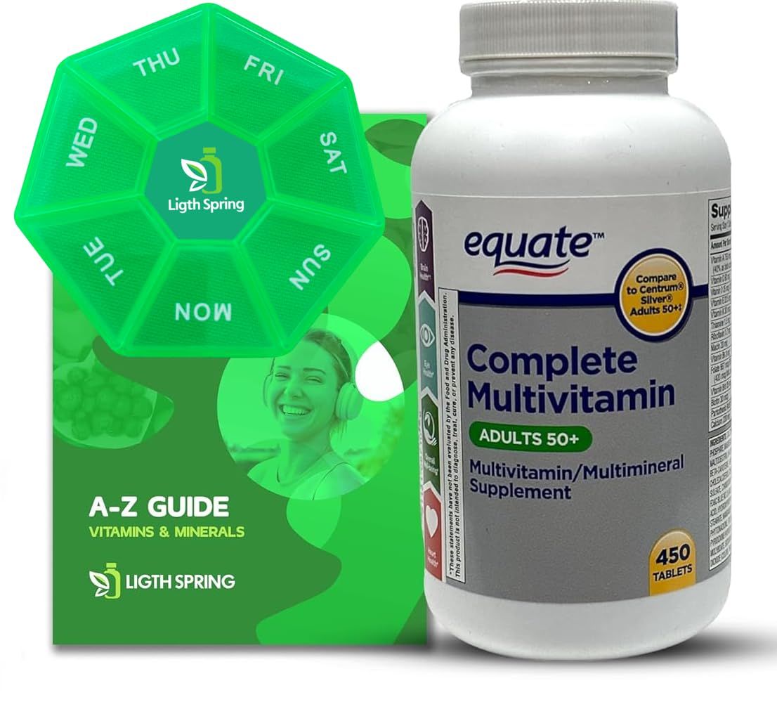 Equate Adults 50+ Complete Multivitamin/Multimineral Supplement Tablets, 450 Ct Bundle with Exclusive Vitamins &amp; Minerals - A to Z -Better Ligth&amp;Spring Guide + Weekly Pill Organizer (3 Items)