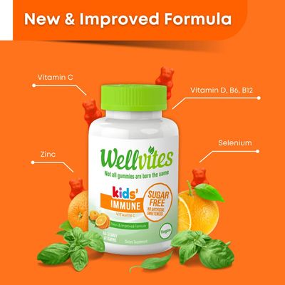 Wellvites Sugar Free Kids Immune Daily Gummy Vitamins - Vegan, Non-GMO - Vitamin C Gummies for Kids Immune Support - No Artificial Sweeteners, Gluten Free, Gelatin Free - 60 Count (30 Day Supply)