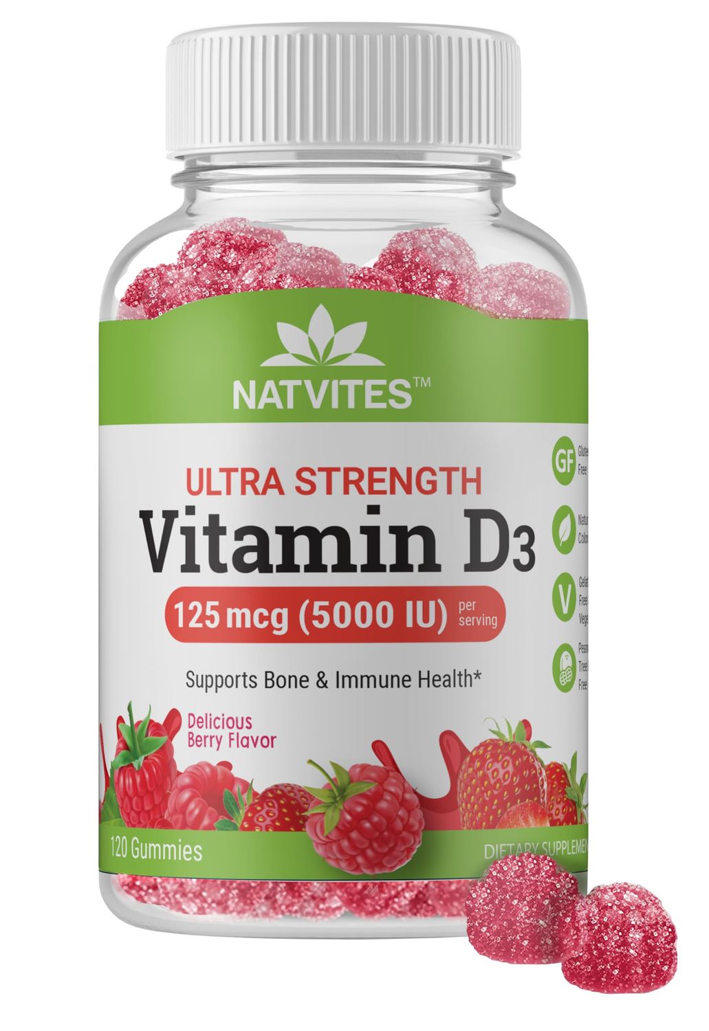 Natvites Ultra Strength Vitamin D3 125mcg (5000 IU) Gummies, 120 Count, Supplement for Bone, Immune, and Heart Health, Berry Flavored, Non-GMO, Gluten-Free, Vegan, Nut-Free, and Dairy-Free.