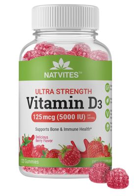 Natvites Ultra Strength Vitamin D3 125mcg (5000 IU) Gummies, 120 Count, Supplement for Bone, Immune, and Heart Health, Berry Flavored, Non-GMO, Gluten-Free, Vegan, Nut-Free, and Dairy-Free.