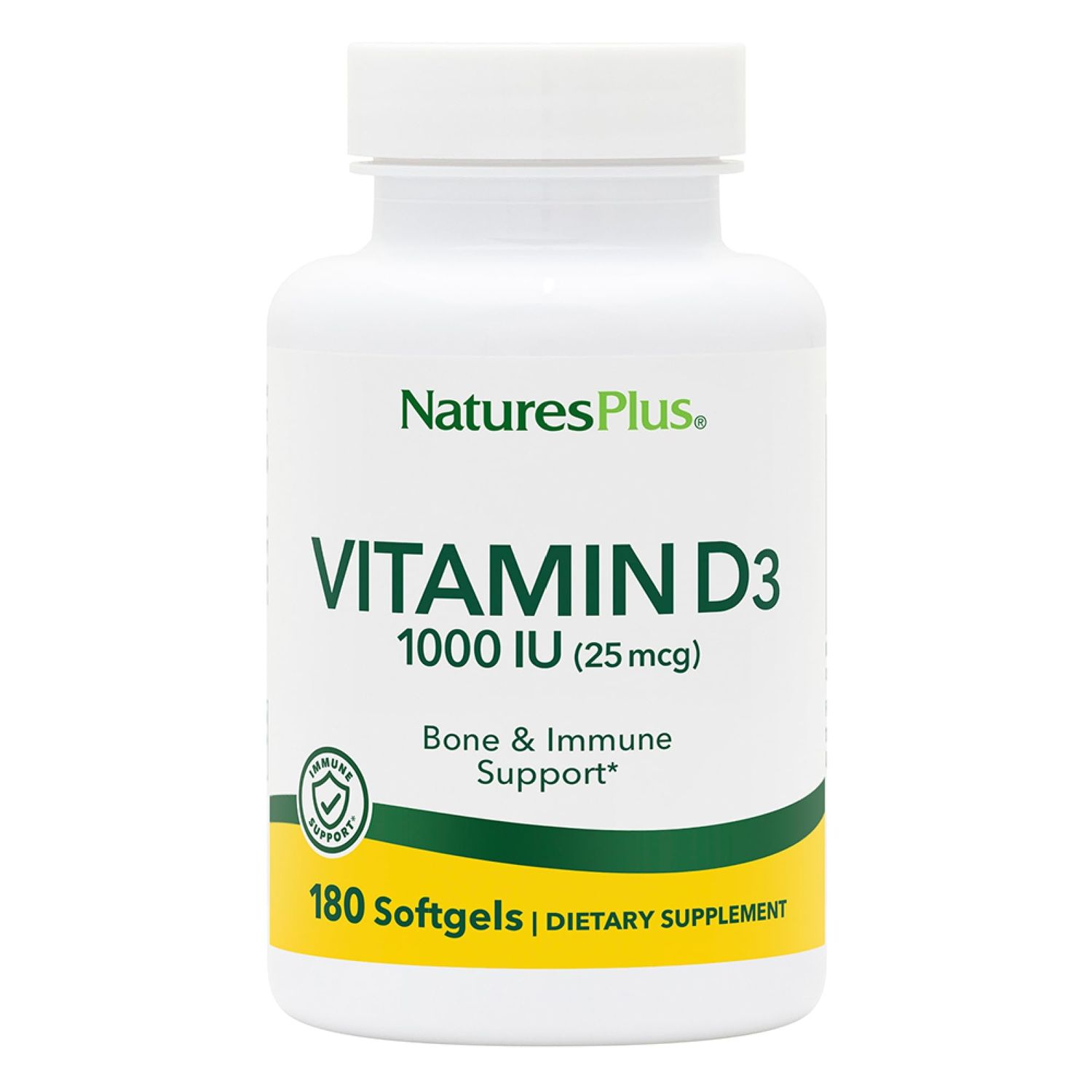Natures Plus Vitamin D3 (Cholecalciferol) - 1000 iu, 180 Softgels - Nutritional Support for Healthy Bones &amp; Immune System Support - Bioavailable Active Form - Gluten-Free - 180 Servings