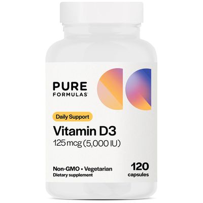PureFormulas Vitamin D3 5,000 IU 125 mcg - Pure Vitamin D Supplement for Healthy Bone Formation, Teeth, Cardiovascular Health, and Immune Support Non-GMO - 120 Count Vegetarian Capsules