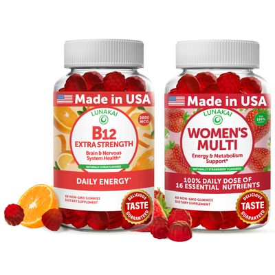 Lunakai Vitamin B12 and Women&#39;s Multivitamin Gummies Bundle - 3000mcg Methylcobalamin High Absorption Energy Gummy - 100% Daily Value of 16 Essential Vitamins and Minerals Supplement - 30 Days Supply