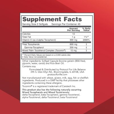 Protocol Gamma E Toco Complex - Vitamin E 300mg - Antioxidant Support* - for Cardiovascular Health &amp; Brain Health* - with Tocotrienols - Halal &amp; Dairy Free - 90 Softgels