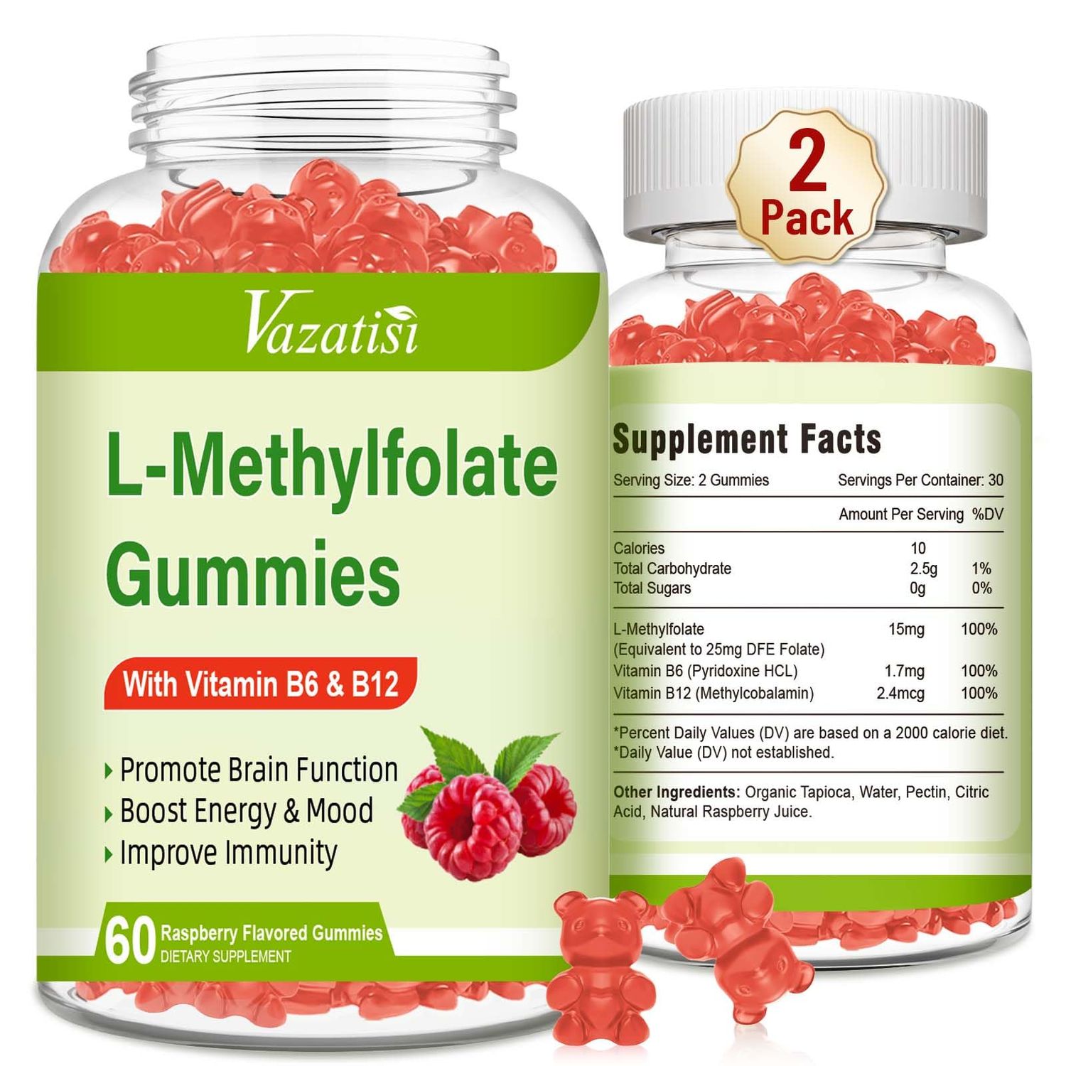 Vazatisi L-Methylfolate 15 mg Gummies with Methyl B12, Folate Supplement for Mood, Brain Health, Immune Support, Raspberry Flavor, 120 Count