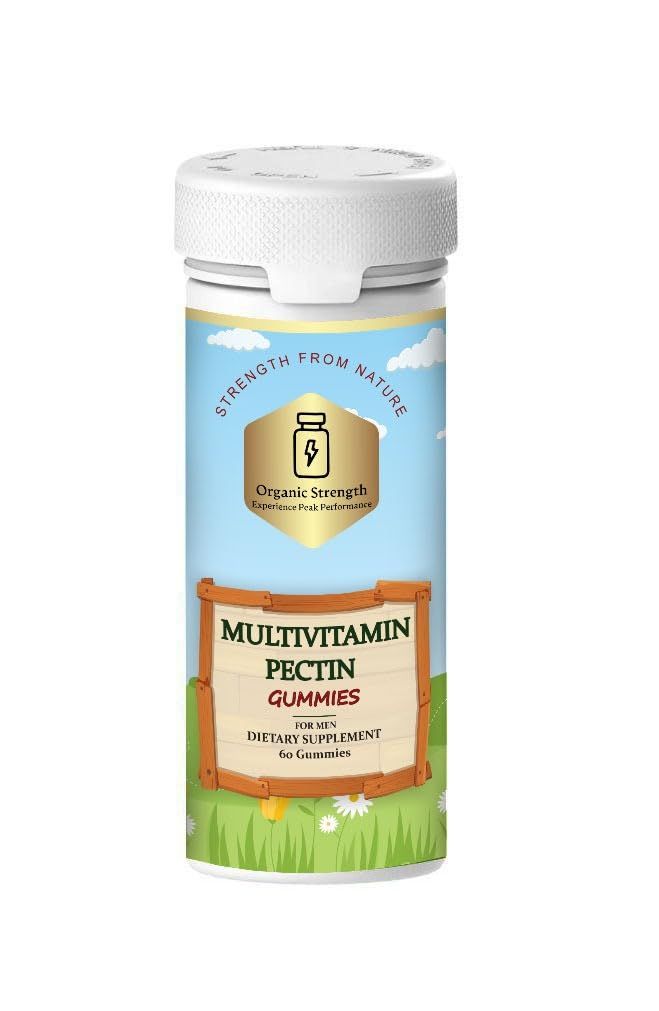 Organic Strength Men&#39;s Multivitamin Pectin Gummies: Empowering Your Health with 200% Biotin, Folate 100%, Vitamin A, B12, C, D, E, 100% Daily Intake (60 Count)