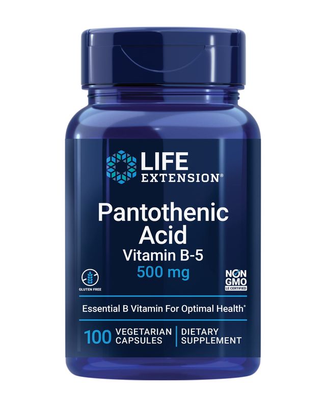 Life Extension Pantothenic Acid 500 mg - Pantothenic Acid with Calcium Supplement - Essential B Vitamin For Optimal Health - Once Daily - Gluten-Free, Non-GMO, Vegetarian - 100 Capsules